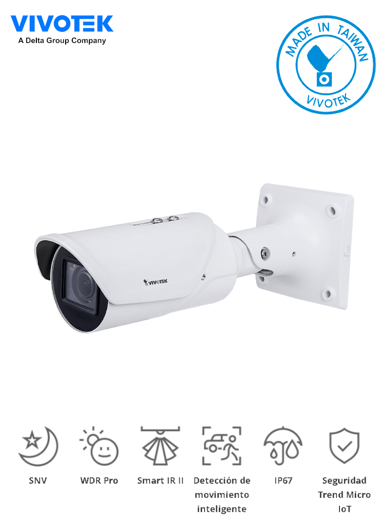 VIVOTEK IB9387-HT-A - Camara IP bullet exterior 5 Megapixeles/ Lente Varifocal Remoto 2.7-13.5mm/ Smart IR II 50mts / WDR Pro/ Visión SNV/ Smart Stream III/ Smart Motion/ Protección IP67, IK10/ Ciberseguridad Trend Micro/ Conectores DI,DO/ ONVIF