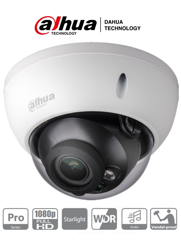 DAHUA HDBW2241R-Z - Camara Domo Antivandalica de 2 Megapixeles/ 1080p/ Lente Motorizado 2.7 a 13.5 mm/ Starlight/ WDR Real 120 dB/ IR 30 Mts/ 1 Entrada de Audio/ IP67/ IK10/ #Starlight