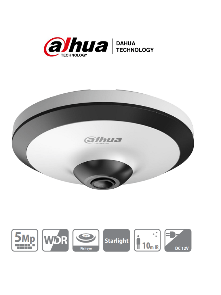 DAHUA EW2501 - Camara FishEye de 5 Megapixeles HDCVI/ 360 Grados/ IR de 10 Mts/ WDR Real de 120dB/ Microfono Integrado/ Uso Interior/ Starlight, 2D&3DNR