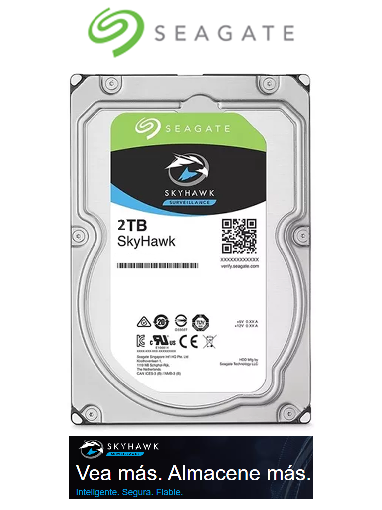 SEAGATE ST2000VX007- Disco Duro de 2TB SkyHawk Lite/ Para Videovigilancia/ Ideal para Trabajo 24/7/ Interface: SATA 6Gb/s/ Hasta 32 Camaras/ 36 Meses de Garantía/