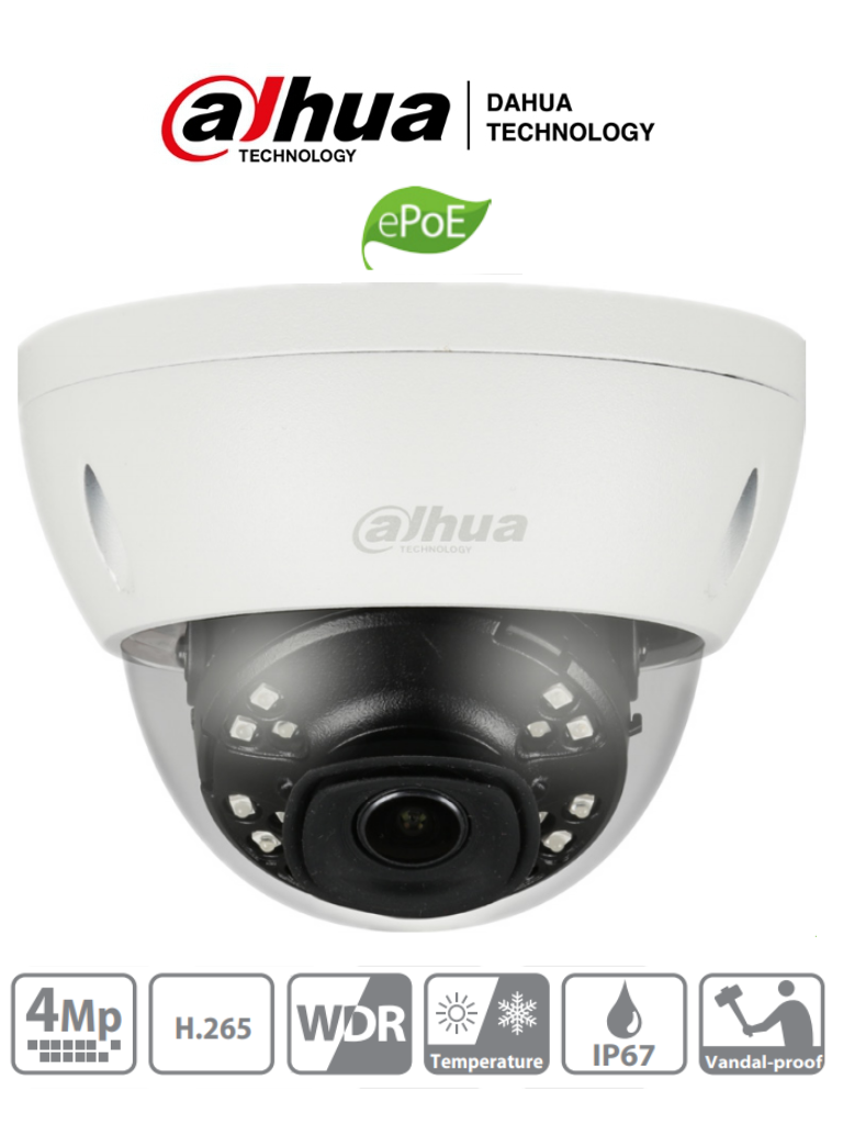 DAHUA IPC-HDBW4431EN-ASE - Camara IP Domo Antivandalico de 4 Megapixeles/ Lente de 2.8mm/ H.265+/ WDR Real/ 1 E&S de Audio/ 1 E&S de Alarma/ ePoE/ IK10/ IP67/ IVS