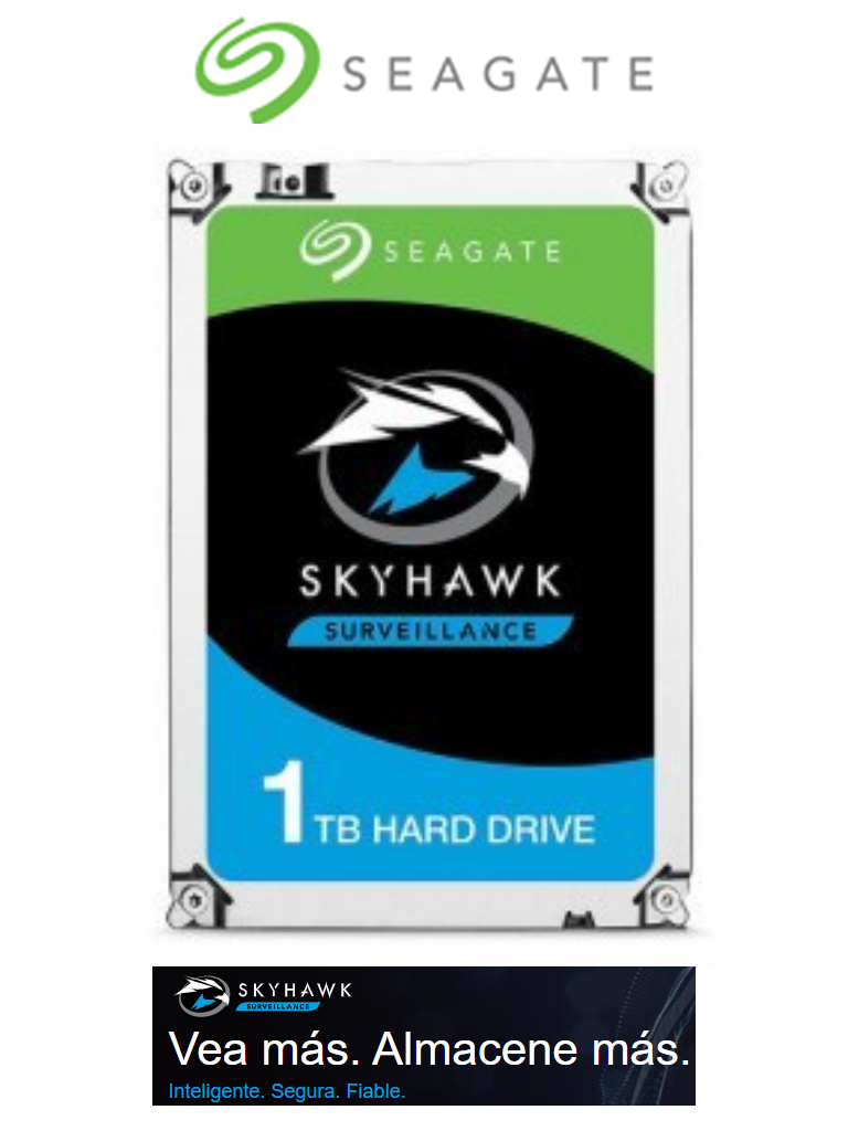 SEAGATE ST1000VX008- Disco Duro de 1TB Skyhawk Lite/ Para Videovigilancia/ Ideal para Trabajo 24/7/ Interface: SATA 6Gb/s/ Hasta 32 Camaras/ 36 Meses de Garantía/