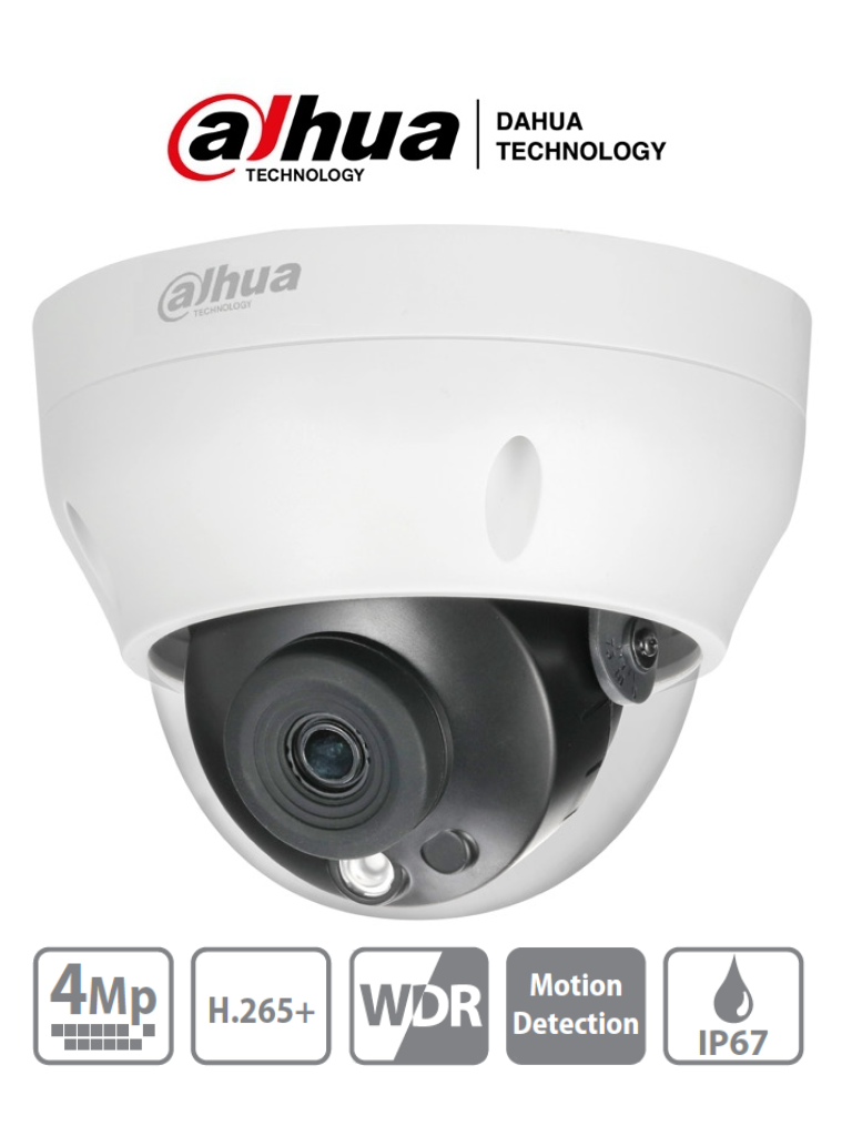 DAHUA IPC-HDPW1431R1-S4 - Camara IP Domo de 4 Megapixeles/ Lente de 2.8mm/ IR de 30 Mts/ H.265/ WDR Real/ IP67/ PoE/ 3D DNR/ HLC/