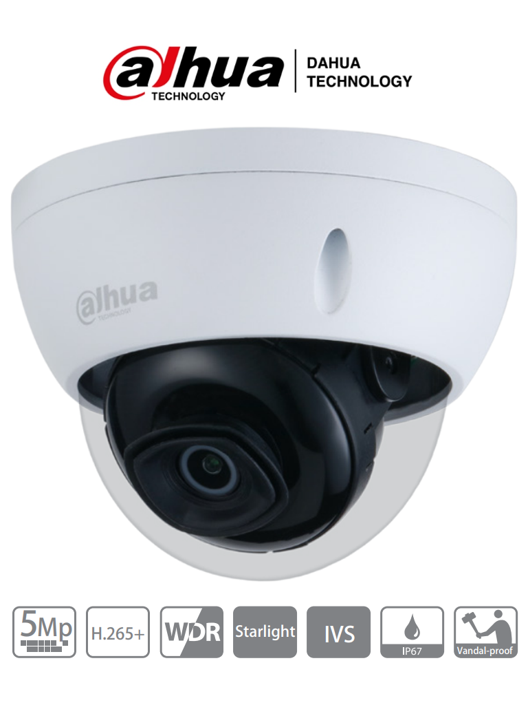 DAHUA IPC-HDBW2531E-S-S2 - Camara IP Domo de 5 Megapixeles Antivandalica/ Lente de 2.8mm/ H.265/ WDR Real 120dB/ IR 30 Mts/ Ranura para Micro SD/ IP67/ IK10/