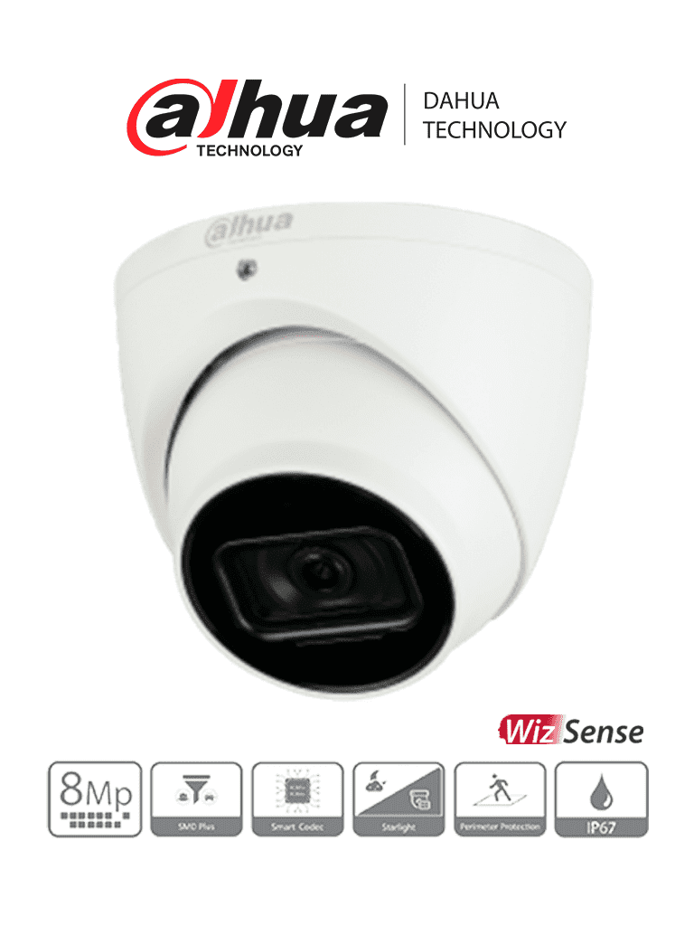 DAHUA IPC-HDW3841EM-AS - Camara IP Domo 4k/8 Megapixeles/ WizSense/ Lente de 2.8mm/ 108 Grados de Apertura/ Micrófono Integrado/ IR de 30 Mts/ H.265+/ WDR Real/ Videoanaliticos con SMD Plus/ Protección Perimetral/ IP67/ PoE/ #SMBMonitoreo