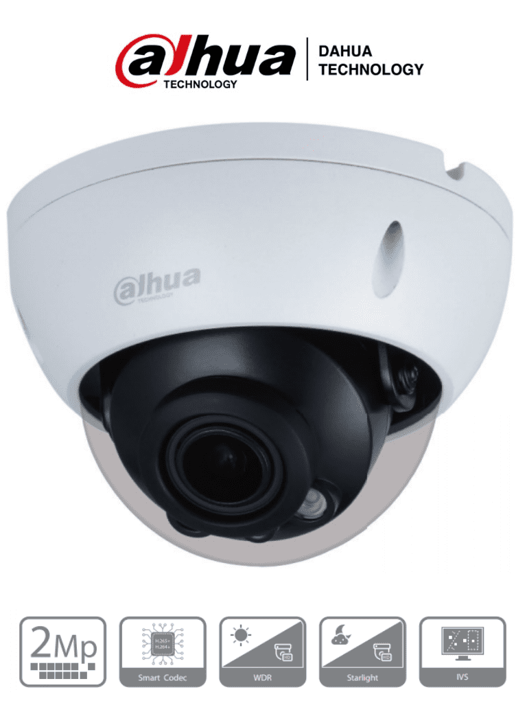 DAHUA IPC-HDBW2231R-ZS - Cámara IP Domo Antivandálica de 2 Megapíxeles/ Lente Motorizado de 2.7-13.5 mm/ H.265+/ IR de 40 Mts/ WDR Real/ Ranura para MicroSD/ IP67/ IK10/ PoE/ Videoanaliticos con IVS/