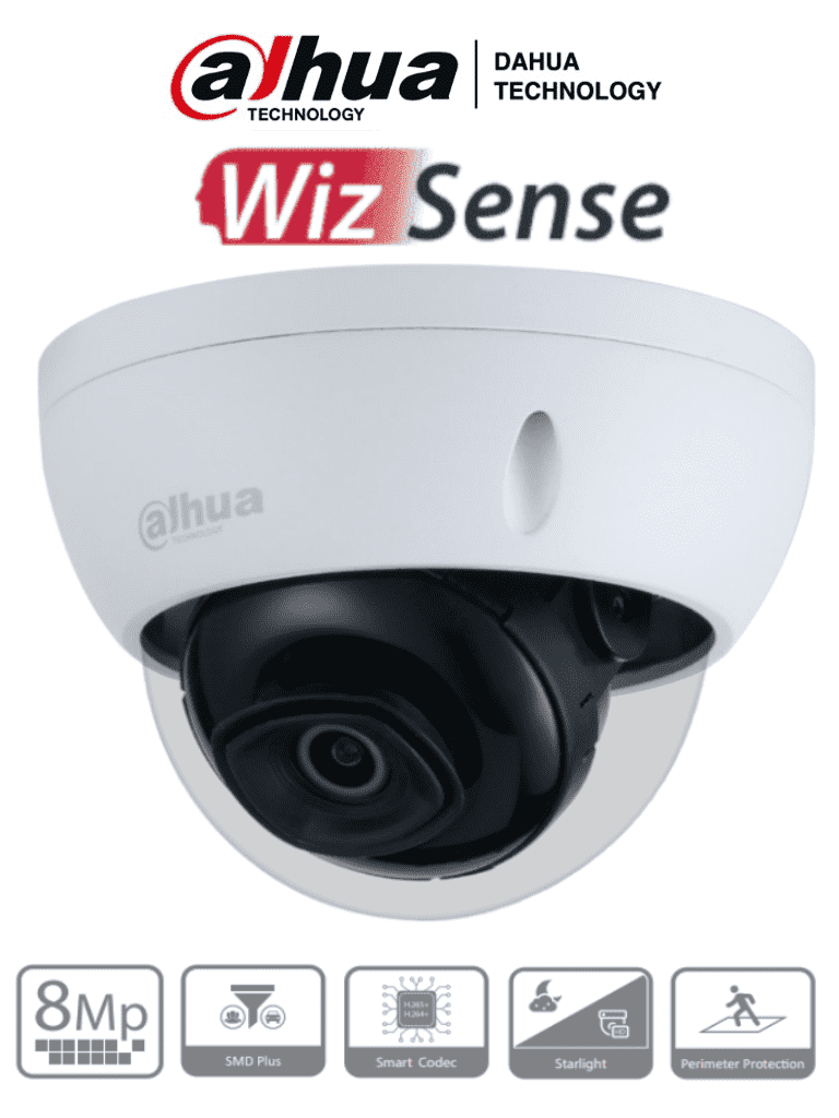 DAHUA IPC-HDBW3841EN-AS - Cámara IP Domo Antivandalica 4k/ 8 Megapixeles/ WizSense/ Lente de 2.8 mm/ Videoanaliticos con SMD Plus/ WDR Real de 120 dB/ IP67/ IK10/ Poe/ Ranura para MicroSD/