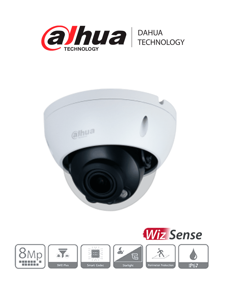 DAHUA IPC-HDBW3841RN-ZAS- Cámara IP Domo 8 MP/ Lente Motorizado de 2.7 mm - 13.5mm/ Starlight/ WizSense/ SMD Plus/ WDR Real/ IP67/ IK10/ Poe/ Ranura para MicroSD/