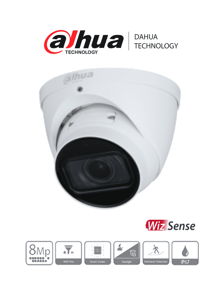 DAHUA IPC-HDW3841TN-ZAS - Cámara IP Domo 4k de 8 Megapixeles/ WizSense/ Lente Motorizado de 2.7 mm-13.5 mm/ H.265/ IR de 50 Mts/ Micrófono Integrado/ IP67/ PoE/ SMD Plus/ WDR Real de 120 dB/ Ranura para MicroSD/