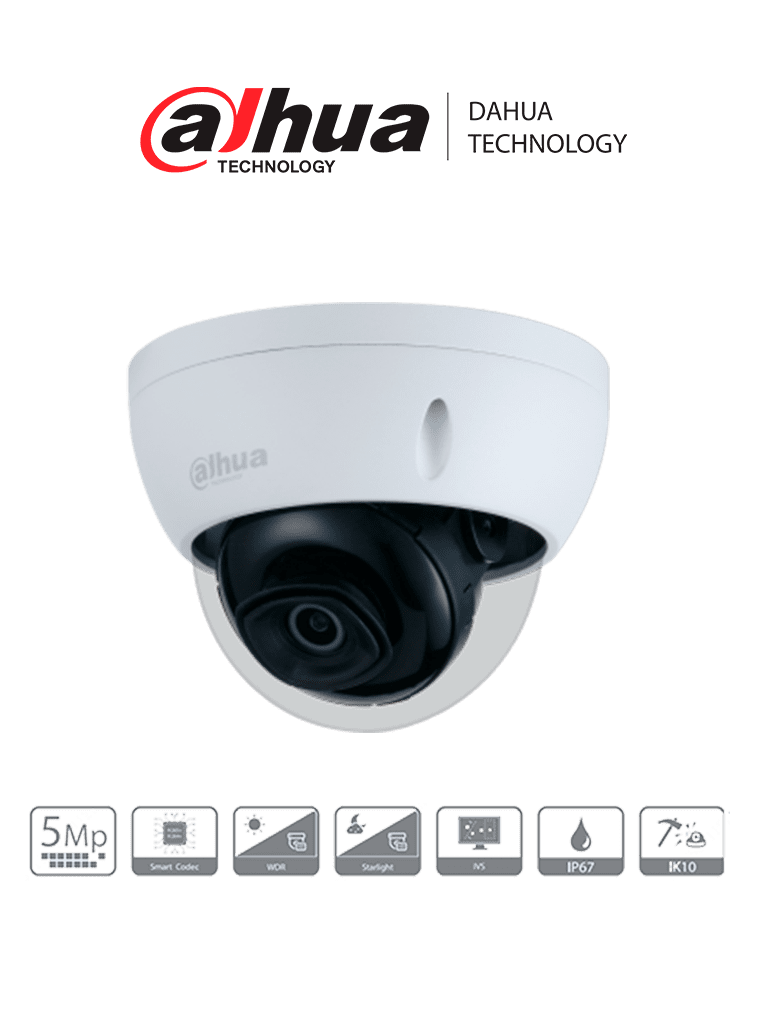 DAHUA DH-IPC-HDBW2531EN-S-S2 - Camara IP Domo de 5 Megapixeles Antivandalica/ Lente de 2.8mm/ H.265/ WDR Real 120dB/ IR 30 Mts/ Ranura para Micro SD/ IP67/ IK10/ Especial para Proyectos/