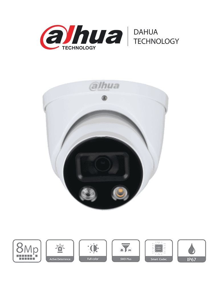 DAHUA IPC-HDW3849H-AS-PV - Cámara IP Domo de 8 Megapíxeles con Disuasión Activa/ TiOC/ WizSense/ Lente de 2.8mm/ Ir de 30 Mts/ Leds de Luz Visible para 30 Metros/ SMD 3.0/ E&S de Audio y Alarma/ IP67/