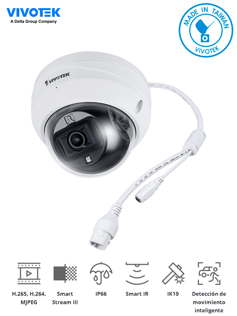 VIVOTEK FD9369 - Cámara IP domo para exterior 2 Megapixeles/ Lente Fijo 2.8mm/H265/Smart IR 30mts/ Smart Motion/ Micrófono Integrado/Protección IP66, IK10/Smart Stream III/ NDAA/ONVIF