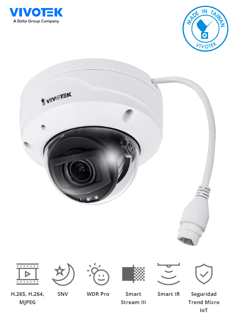 VIVOTEK FD9368-HTV - Cámara IP domo exterior 2 Megapixeles/ Lente Varifocal Remoto2.8- 12mm /H265/Smart IR 30mts/ WDR Pro/ Micrófono Integrado/ Visión SNV/ Ciberseguridad Trend Micro/ Smart Stream III/ Protección IP66, IK10/ NDAA/ ONVIF