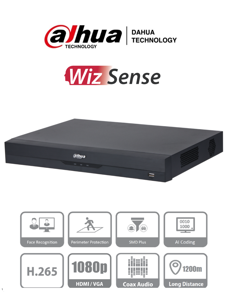 DAHUA XVR5216AN-4KL-I2 - DVR de 16 Canales 4k/ WizSense/ H.265+/ 16 Canales HDCVI+16 IP/ Hasta 32 Ch IP/ 2 Ch de Reconocimiento Facial/ SDM Plus/ Protección Perimetral/ 2 SATA de hasta 10TB/ Soporta HDCVI/AHD/TVI/CVBS/ IoT/ POS