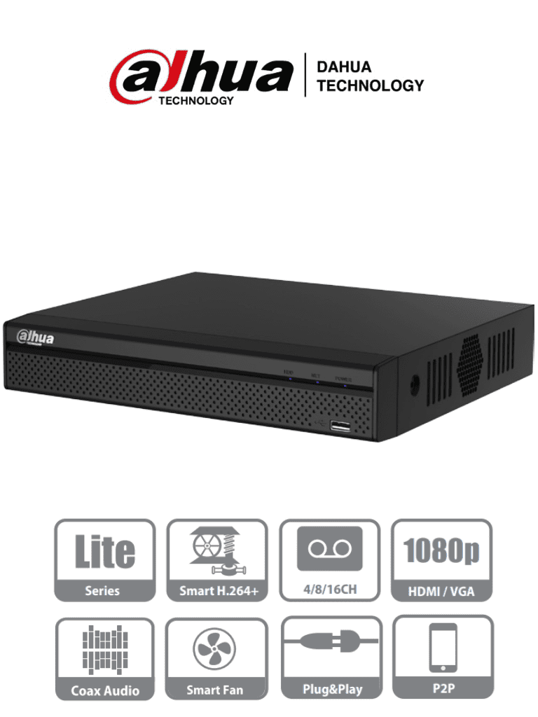 DAHUA XVR5116HS-S2 - DVR de 16 Canales 4 Megapixeles Lite/ 1080p/ H.264+/ 8 Canales IP Adicionales (24 Canales Totales)/ 1&1 E&S de Audio/ 1 Puerto Sata de Hasta 8 TB/ HDMI& VGA/