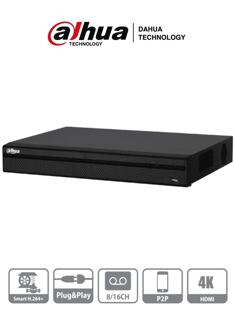 DAHUA DHI-XVR5216AN-4KL - DVR de 16 Canales 4k/ 2 Puertos Sata de Hasta 8 TB/ H.264+/ 8 Canales IP Adicionales (24 Canales Totales)/ 1 E&S de Audio/ HDMI & VGA/ Soporta: HDCVI/AHD/TVI/CVBS/IP/