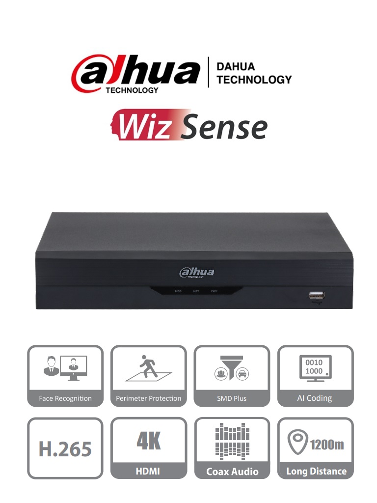 DAHUA XVR5108HS-4KL-I2 - DVR de 8 Canales 4k/ WizSense/ H.265+/ 8 Canales HDCVI+ 8 IP/ Hasta 16 Ch IP/ 2 Canales de Reconocimiento Facial/ SDM Plus/ Protección Perimetral/ 1 SATA de hasta 10TB/ Soporta HDCVI/AHD/TVI/CVBS/ IoT/ POS