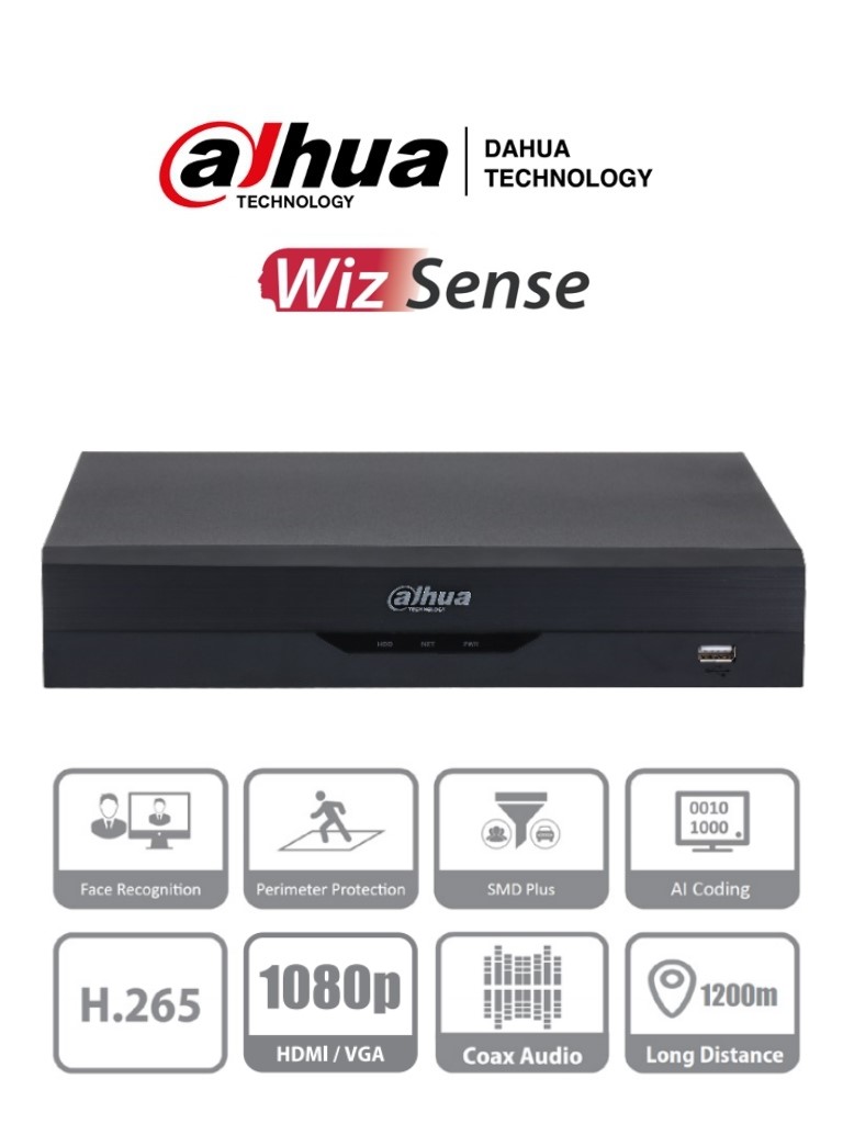 DAHUA XVR5108HS-I2 (I3) - DVR de 8 Canales 5 Megapixeles Lite/ WizSense/ H.265+/ 8 Canales HDCVI+4 IP/ Hasta 12 Canales IP/ 1 Canales de Reconocimiento Facial/ SMD Plus/ 1Ch Proteccion Perimetral/ 1 Sata de Hasta 10 TB/ IoT&Pos/