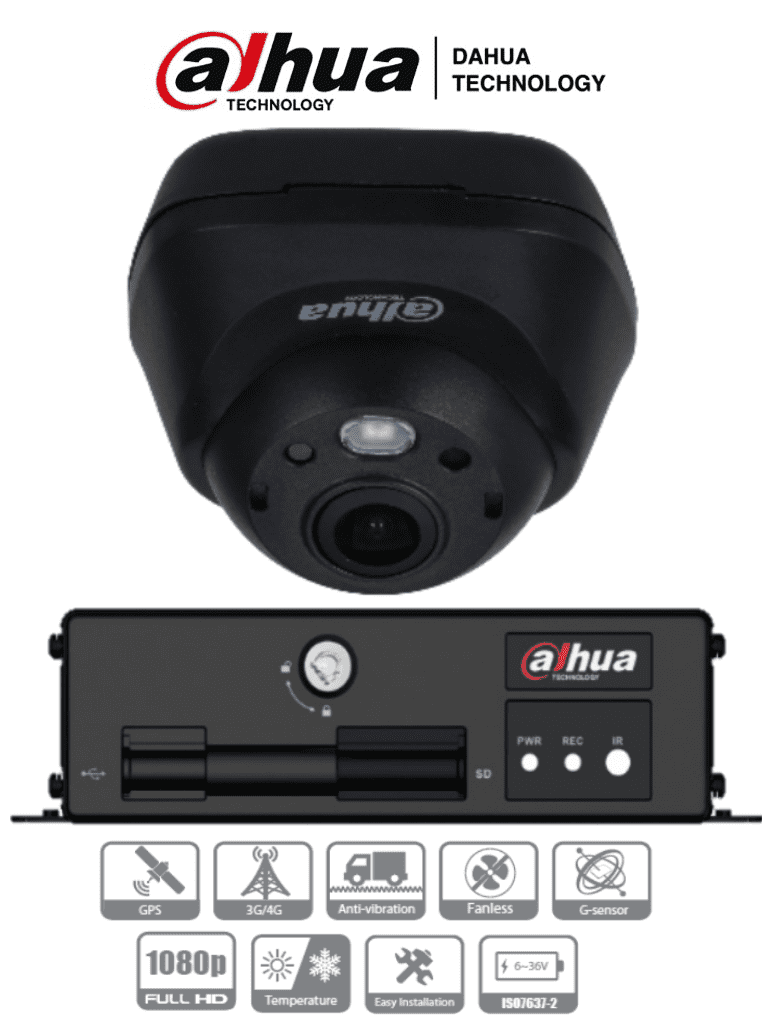 DAHUA MXVR1004+HMW3200L- Paquete de DVR Movil+ 1 Camaras Domo de 2 Megapixeles para Interior/ Lente de 2.1 mm/ 139 Grados de Apertura/ H.265/ 2 Ranuras para SD Card/ Soporta 3G/4G y GPS/ 1 Canal IP Adicional/ #LoNuevo