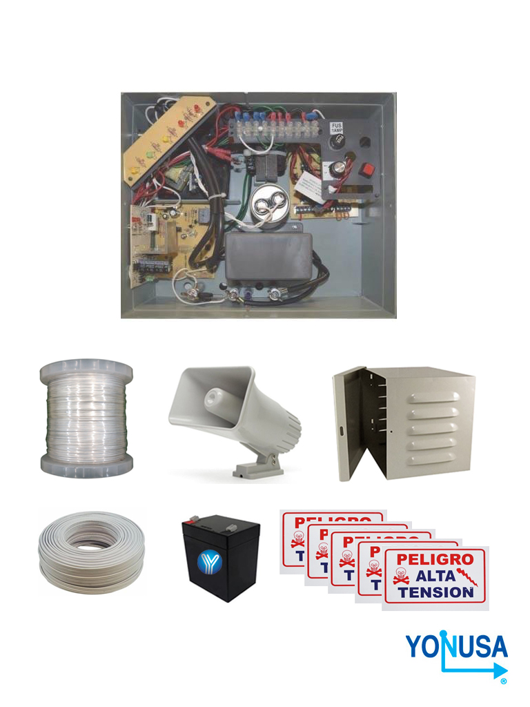 YONUSA PACK127AF -Paquete de energizador de alta frecuencia con interface/ Sirena y gabinete metálico/ Bobina de alambre 500 mts/ Bobina cable bujía/ batería y 5 letrero