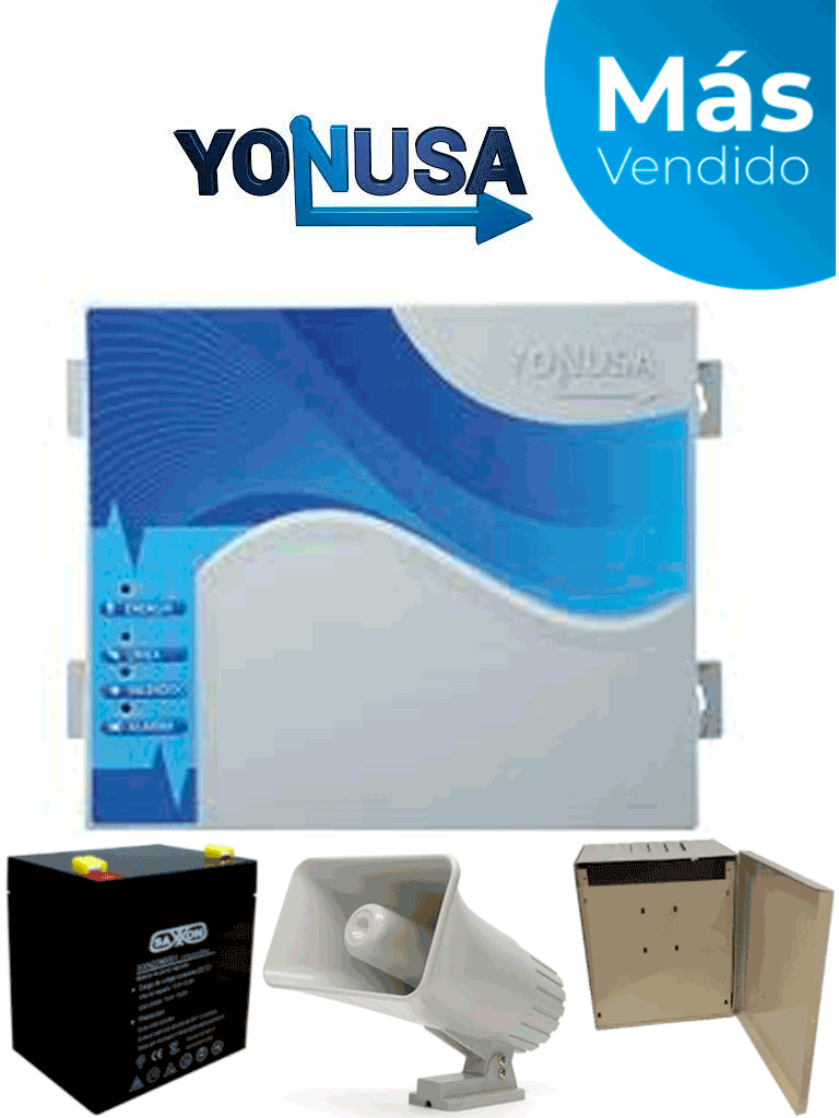 YONUSA EYNG12001BAT - Energizador de nueva generación de12,000 V con hasta 2,500 metros lineales, compatible con modulo Wifi, incluye Sirena de 30W con gabinete metálico y batería de respaldo de 12VDC a 4.5 Ah