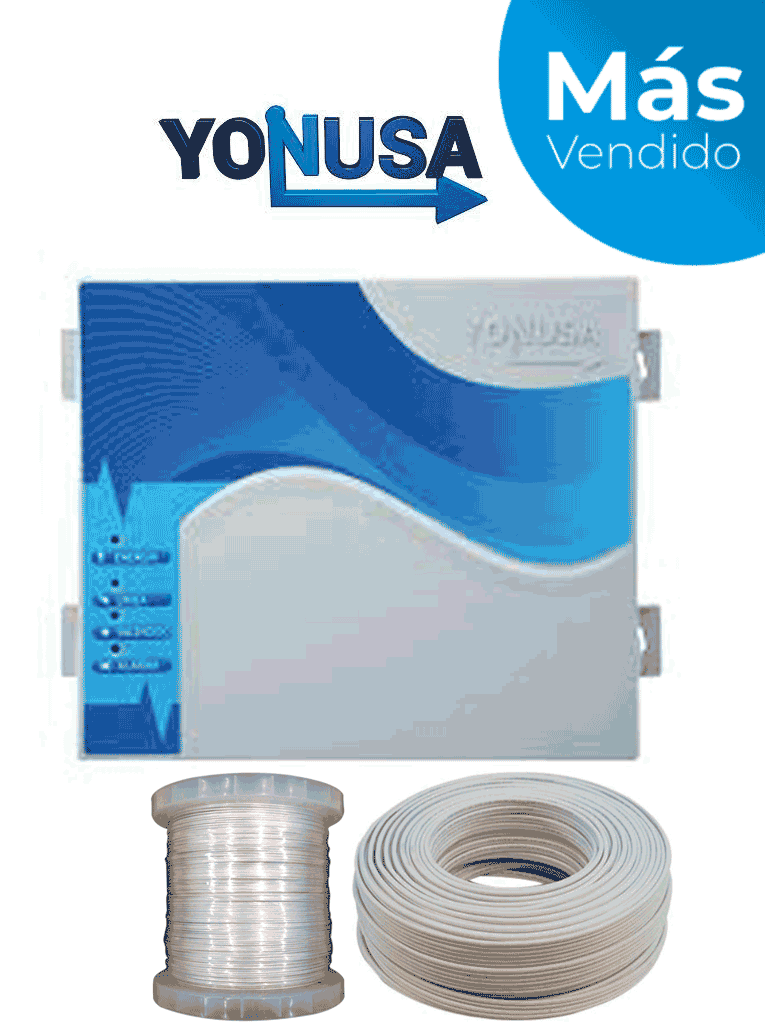 YONUSA EYNG12001AYC - Paquete de energizador nueva generación de 12,000V y 2,500 metros lineales, incluye bobina de alambre de Aluminio de 500 mts. y rollo de cable bujía de 50 mts.