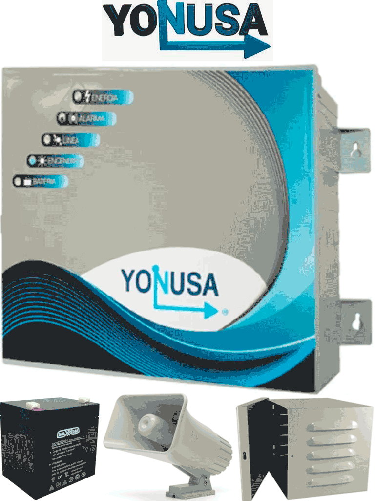 YONUSA EY10000127AFBAT - Paquete de energizador anti plantas o alta frecuencia de 10,00V con hasta 10,000 mts lineales, incluye batería de respaldo de 12VDC a 4.5 AH, sirena de 30W y gabinete metálico