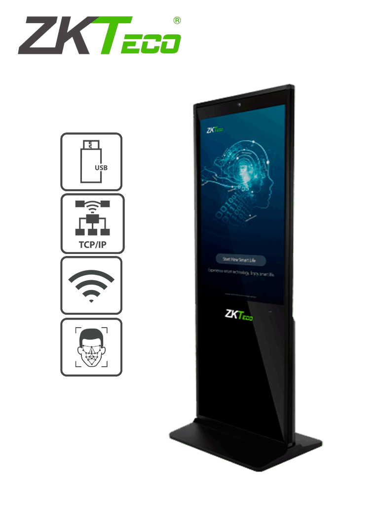 ZKTECO FaceKiosk-V43 - Pantalla publicitaria con control de asistencia facial Luz Visible / LCD de 43 Pulgadas / Touch / Vídeo / Imágenes / Audio / Rostros 5000 / 4G RAM / WiFi / #SinContacto