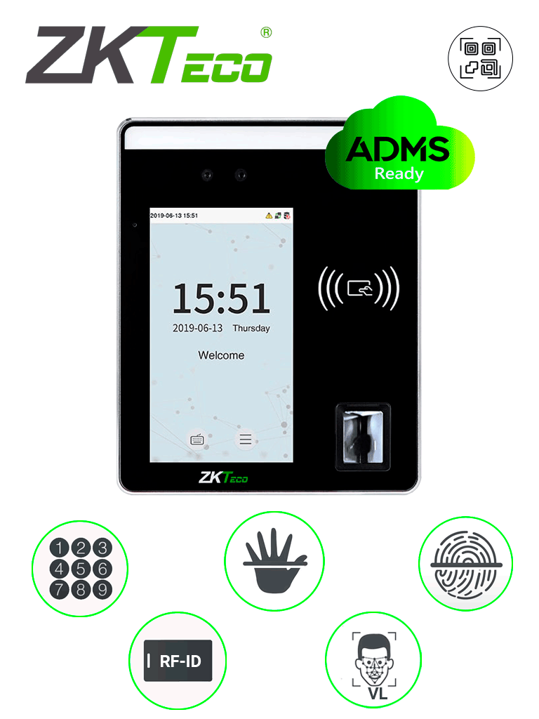 ZKTECO SpeedfaceH5L - Terminal de Control de Acceso y Asistencia / 6000 Rostros / 10000 Tarjetas o Código QR / 6000 Huellas / 3000 Palmas / Pantalla Touch de 5" / Reconocimiento a 2m / Serie Visible Light / TCP/IP / #MTD