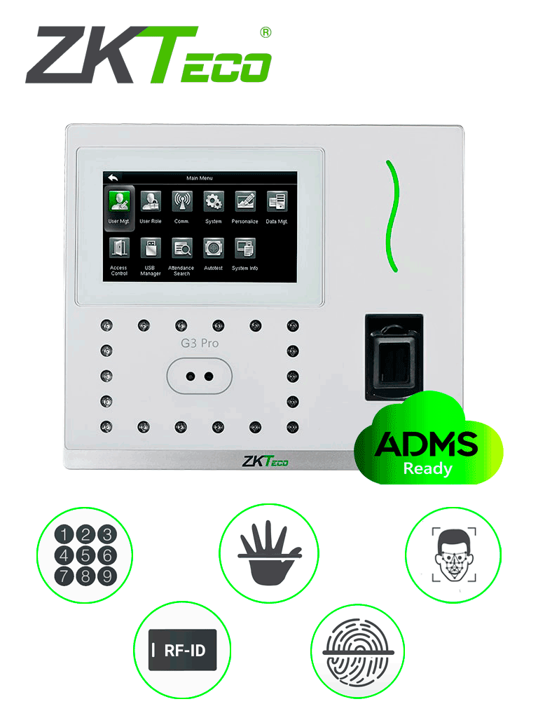 ZKTECO G3PRO - Control de Acceso y Asistencia Facial y Palma / 12000 Rostros / 20000 Huellas SILK ID / 20000 Tarjetas ID / 6000 Palmas / Green Label