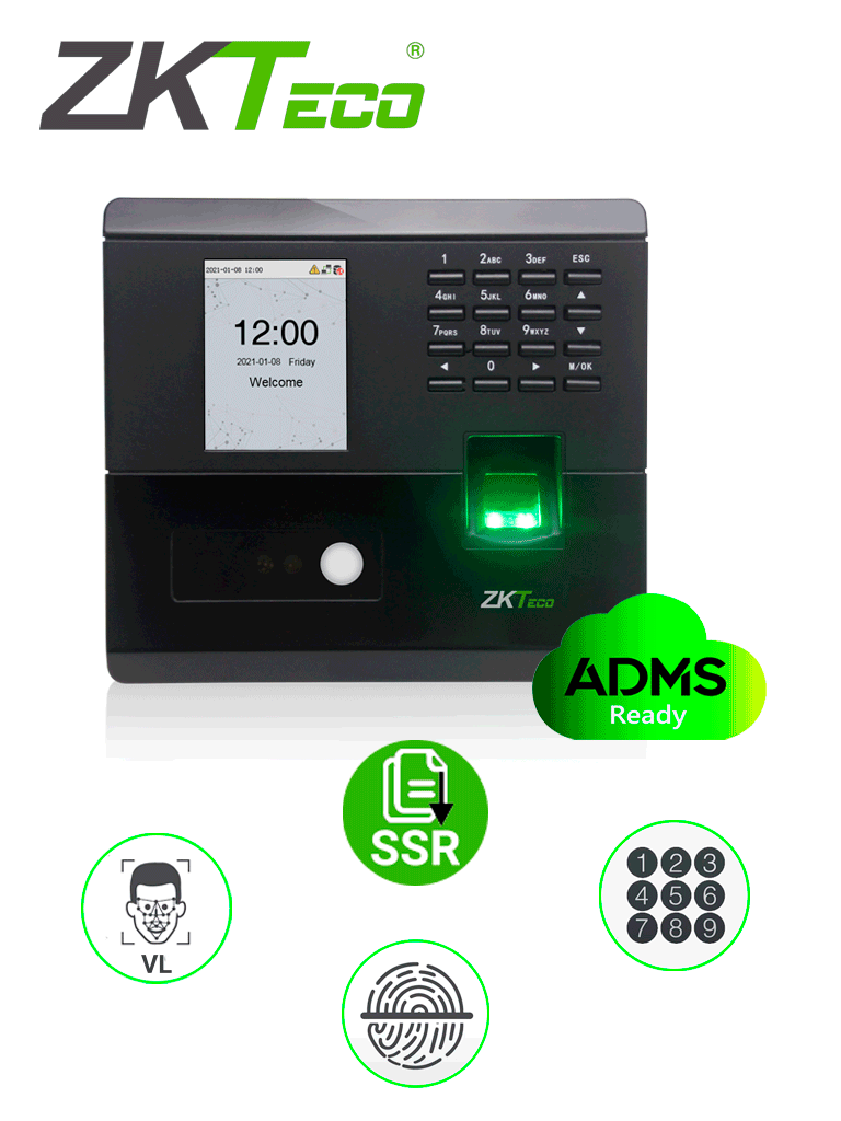 ZKTECO MB10VL- Control de Asistencia y Acceso simple / 500 huellas / 100 rostros Luz Visible / 50000 eventos / TCPIP