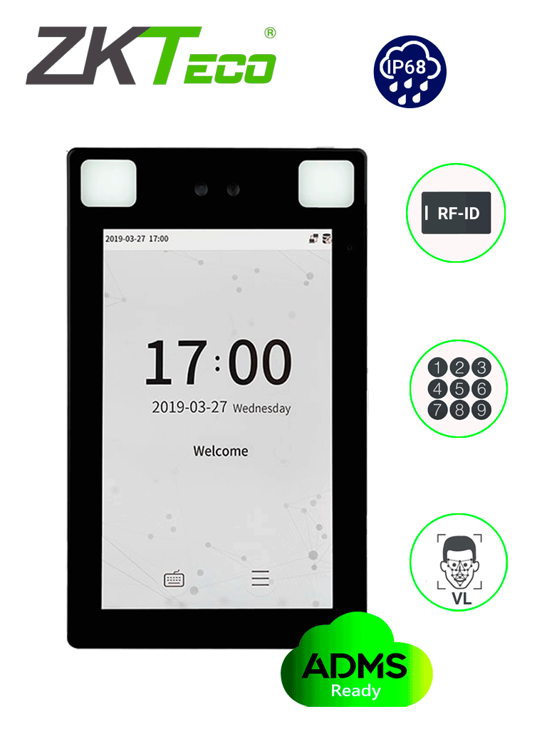 ZKTECO ProFace X- Terminal de Control de Acceso con Reconocimiento Facial / para Exterior / 30000 Rostros / 50000 Tarjetas RFID 125 Khz / 8 Pulgadas / IP68 / IK04 / Serie Visible Light / #MTD