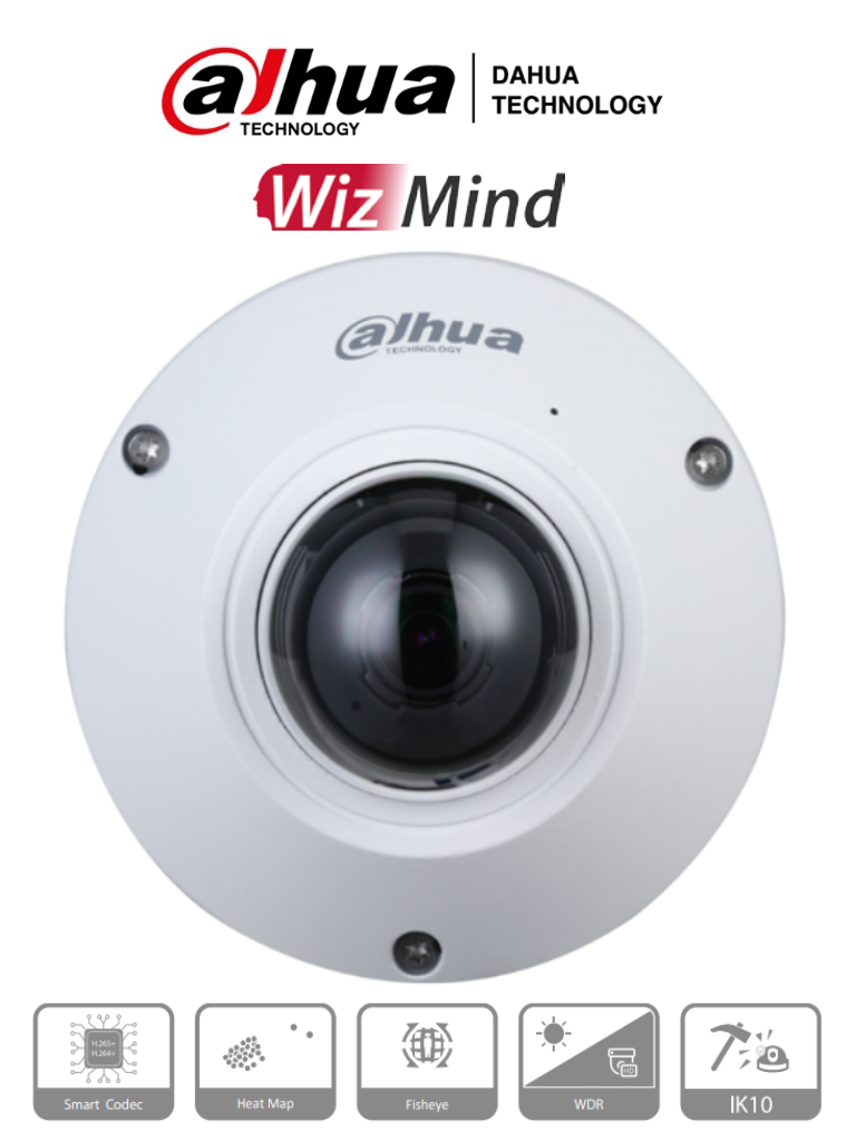 DAHUA IPC-EB5541-AS - Camara IP FishEye de 5 Megapixeles/ WizMind/ 360 Grados/ H.265/ Microfono Integrado + 1 Canal de E&S/ E&S De Alarma/ Mapa de Calor/ Conteo de Personas/ IP67/ IK10/ WDR Real/ PoE