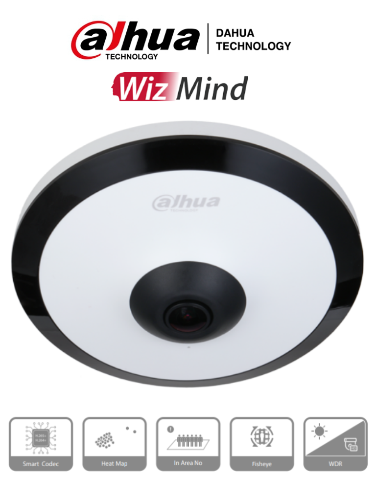 DAHUA IPC-EW5541-AS - Cámara IP Fish Eye de 5 Megapixeles/ WinzMind/ IR de 10 Mts/ H.265+/ PoE/ WDR Real/ Micrófono Integrado/ Heat Map/ Detección Inteligente/ Ranura para MicroSD/ E&S de Alarma/ E&S de Audio/ 3D DNR, HLC, BLC/ Interior