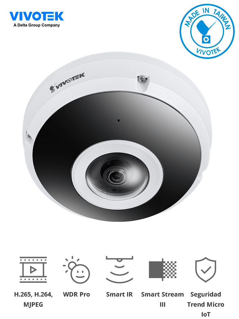 VIVOTEK FE9380HV - Camara IP Fisheye Exterior 5 Megapixeles / H.265/ Vision panorámica 360º/ Smart IR 10mts/ WDR Pro/ Micrófono integrado/ Protección IP66, IK10 / Ciberseguridad Trend Micro/Smart Stream III/ Visión SNV/ NDAA/ONVIF