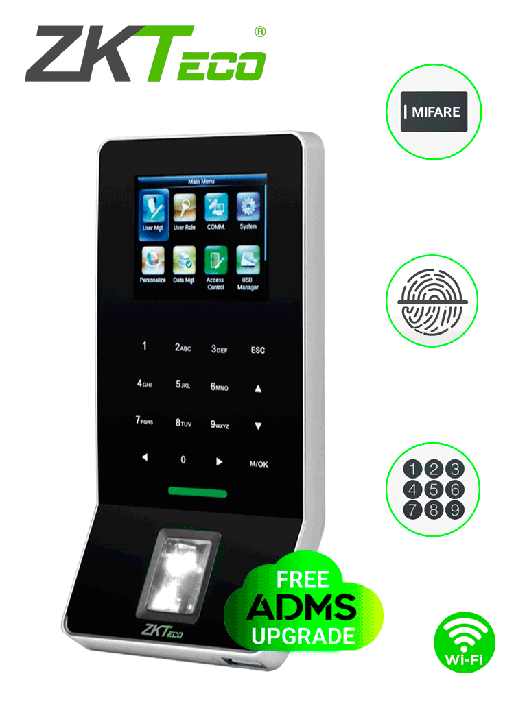 ZKTECO F22Mifare - Control de Acceso y Asistencia / 3000 Huellas / 5000 Tarjetas Mifare / Teclado Táctil / Sensor de Huella SILK ID / Conexión TCPIP / WiFi / ADMS Gratis / Compatible con Biotime PRO