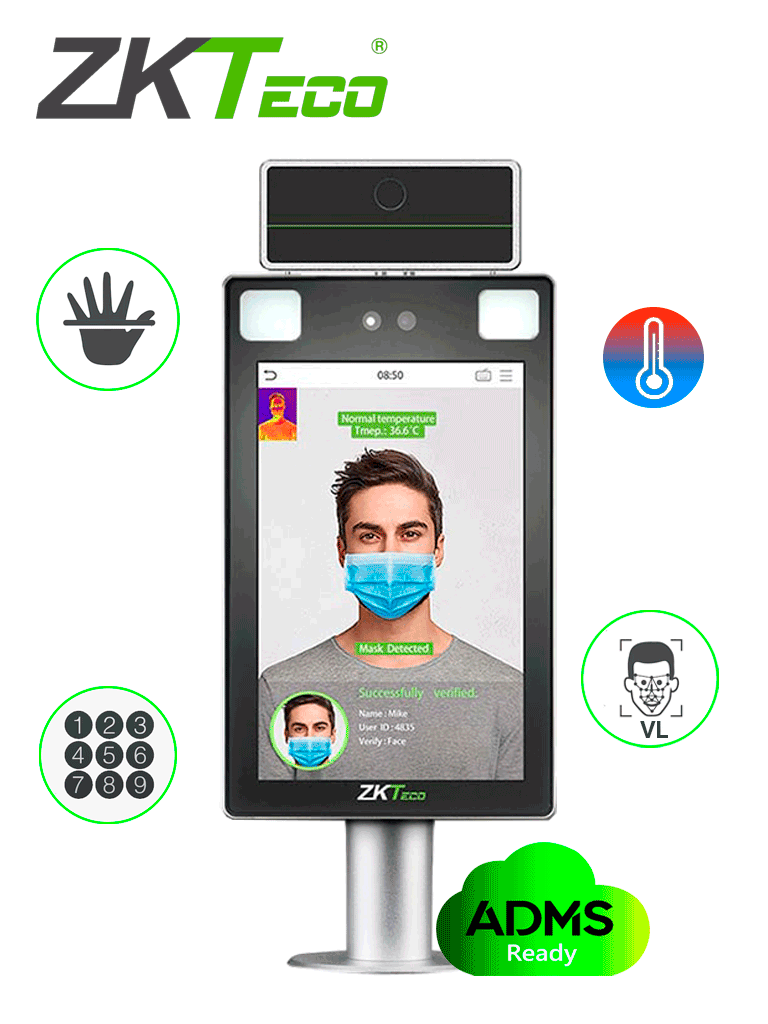 ZKTECO PROFACEXTICH - Terminal de Control de Acceso y Asistencia Facial y Palma con Medición de Temperatura y Uso de Cubrebocas / Lectura de QR e Intercom / Con Soporte para Torniquete / Serie Visible Light / #MTD