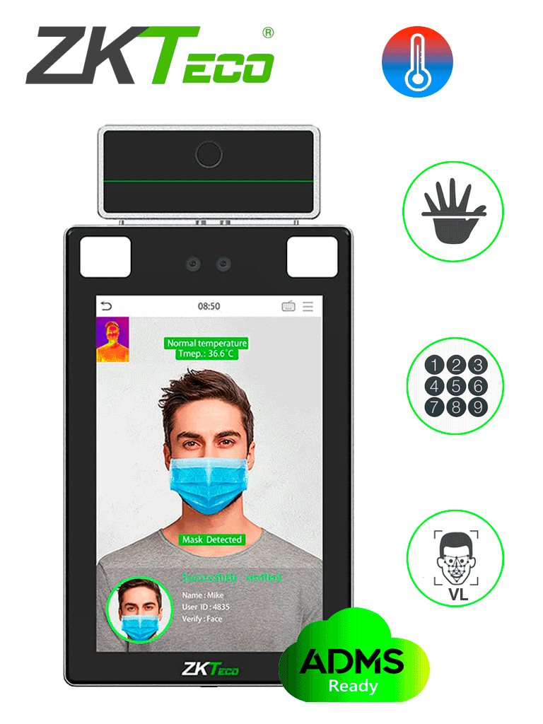 ZKTECO PROFACE X TI - Terminal de Control de Acceso y Asistencia Facial y Palma con Medición de Temperatura y Detección de Cubrebocas / Lectura de QR e Intercom / 30000 Rostros / Serie Visible Light / #MTD