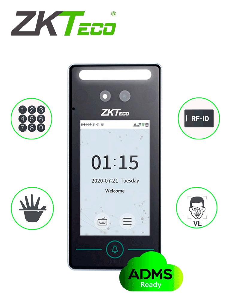 ZKTECO SpeedFaceV4LAC - Terminal de Control de Acceso / 800 Rostros / 800 Palmas / 1000 tarjetas / Reconocimiento a 2m / TCP/IP / Apertura Remota por Medio de App Móvil Gratis / Visible Light