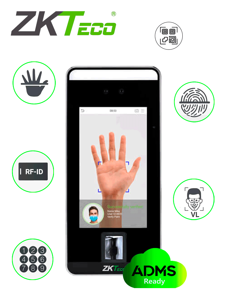 ZKTECO SPEEDFACEV5LP - Control de Acceso y Asistencia Facial Visible Light / 6000 Rostros / 3000 palmas / 6000 huellas / 10000 Tarjetas ID 125Khz / 200000 eventos / Verificación por código QR