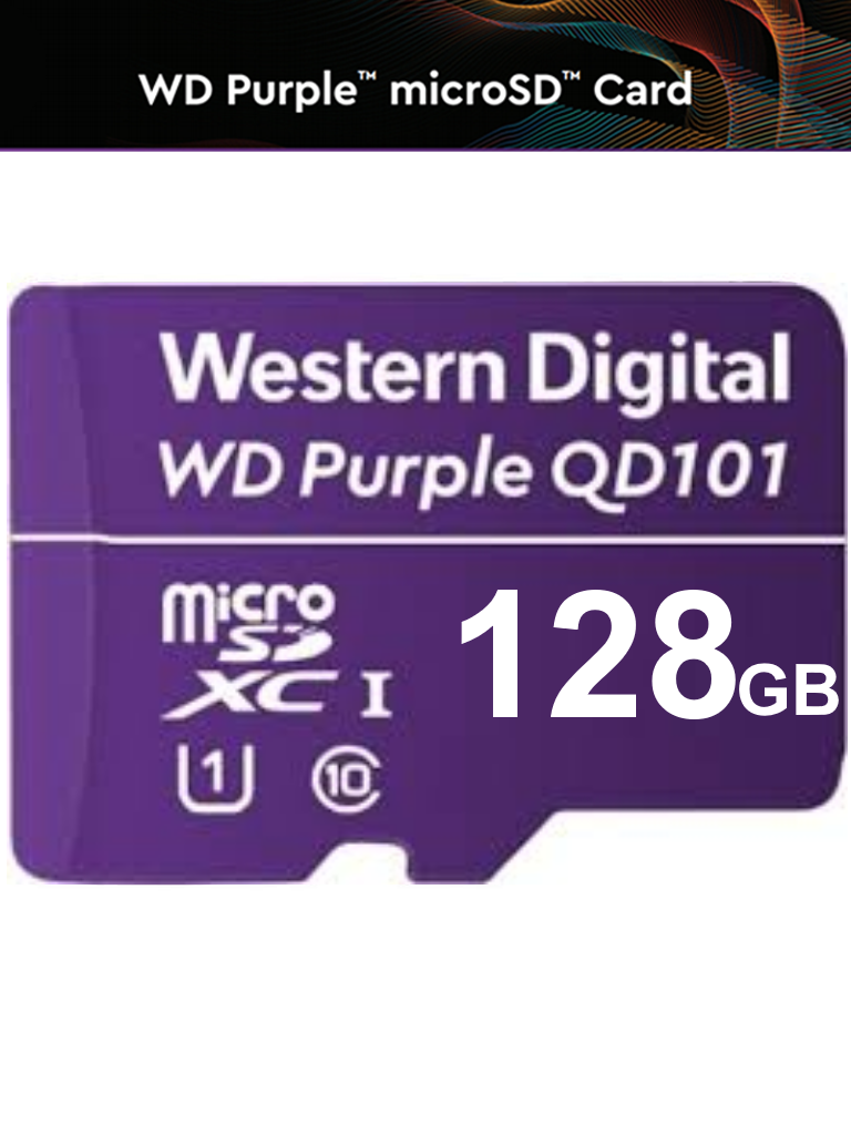 WESTERN WDD128G1P0C- Memoria de 128GB Micro SDXC/ Linea Purple/ Clase 10 U1/ Lectura 50MB/ Escritura 40MB/ Especializada para Videovigilancia