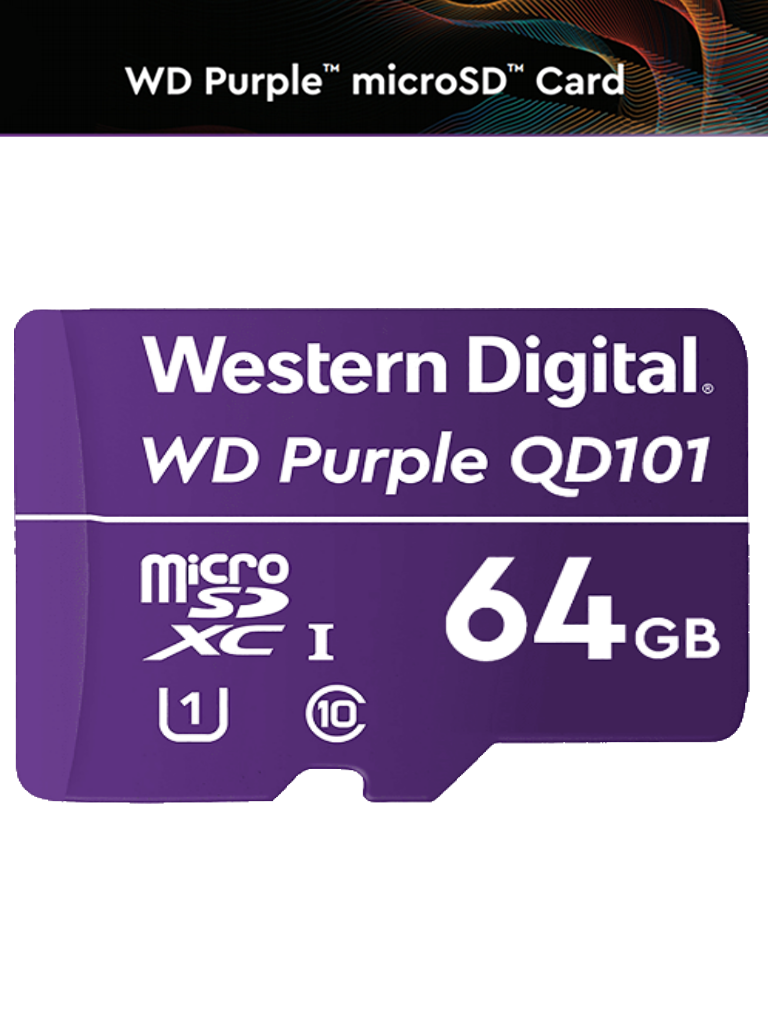 WESTERN WDD064G1P0C- Memoria de 64GB Micro SDXC/ Linea Purple/ Clase 10 U1/ Lectura 50MB/ Escritura 40MB/ Especializada para Videovigilancia