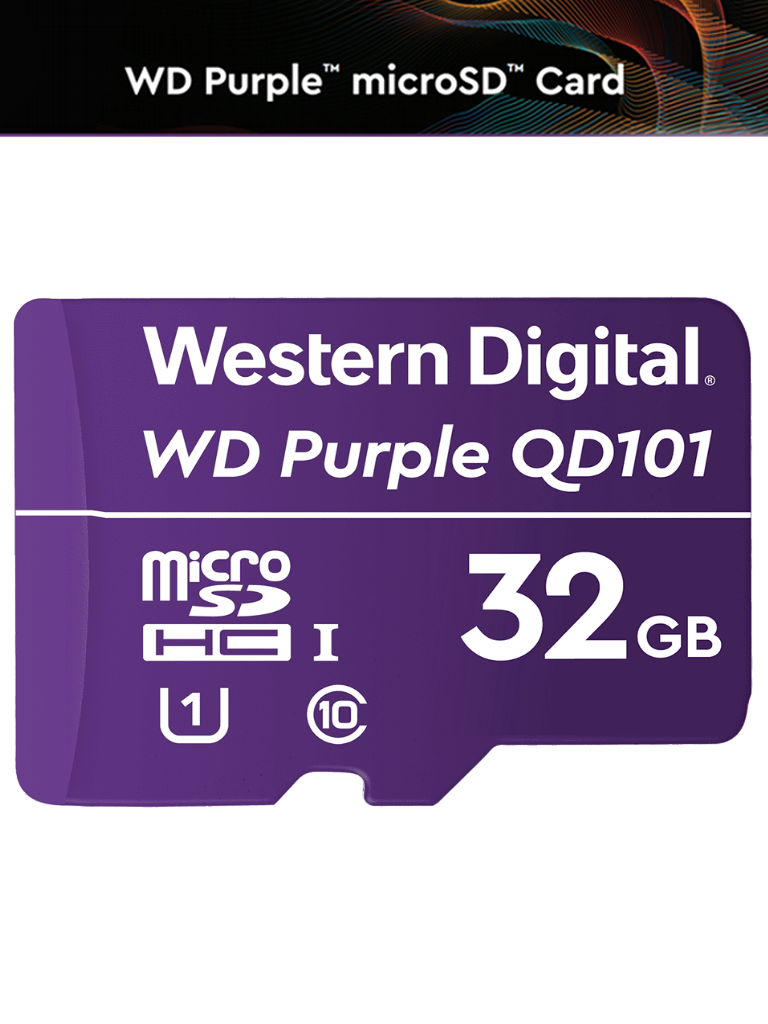 WESTERN WDD032G1P0C- Memoria de 32GB Micro SDHC/ Linea Purple/ Clase 10 U1/ Lectura 50MB/ Escritura 40MB/ Especializada para Videovigilancia