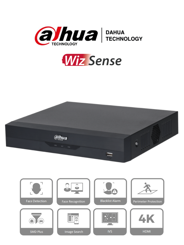 DAHUA NVR2104HS-P-I - NVR de 8 Megapixeles/ 4k/ 4 Canales IP/ WizSense/ 4 Puertos Poe/ H.265+/ 80 mbps/ HDMI y VGA/ 1 Canal con Reconocimiento Facial o 2 Canales con Protección Perimetral o 4 Canales con SMD/ 1 Sata de de Hasta 8TB/