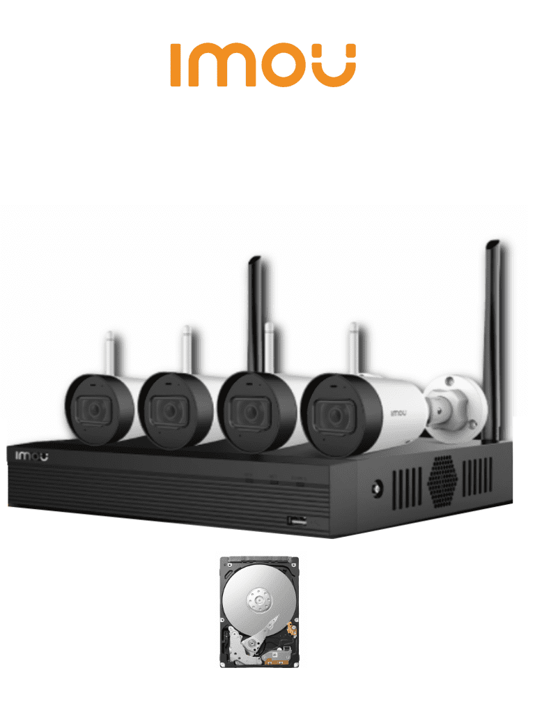 IMOU KIT/NVR1104HS-W/4-G22 - Kit de 4 Camaras Inalámbricas de 2 Megapixeles/ WiFi/ Disco Duro de 1 TB Incluido/ H.265+/ NVR con Antena Dual Mimo 2x2/ Auto-Emparejamiento/ Microfono Integrado/ IR de 30 Mts/ Ranura MicroSD/ Uso Exterior #ingeniero