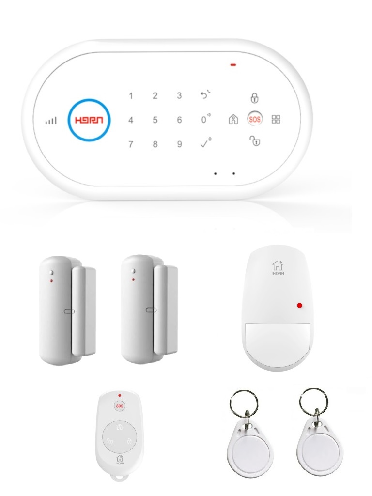 IHORN ND1 -Paquete de Alarma que incluye el Panel De Alarma ND1 con Comunicación 2G. 32 Zonas Inalámbricas. Dos Contactos Magnéticos HO09AF. Un Sensor de Movimiento LH990F Y Un Control Remoto B910. Incluye Fuente y 2 Llaveros RFID.