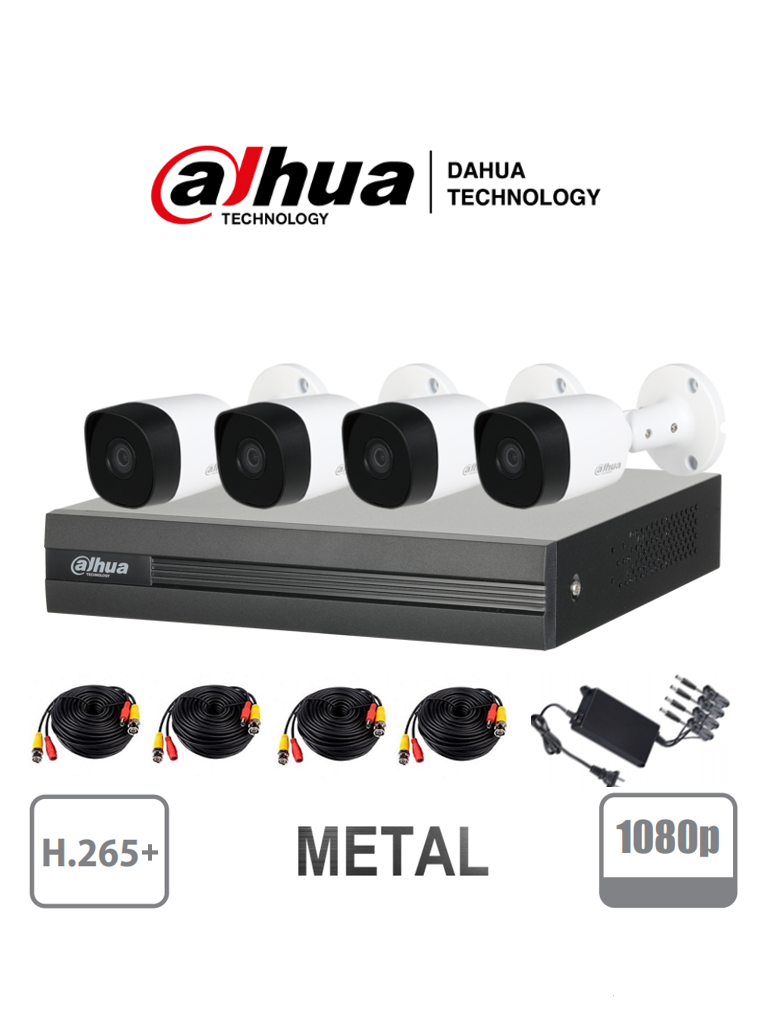 DAHUA COOPER XVR1B04KITII - Kit de 4 Canales de 2 Megapixeles/ 4 Camaras B2A21 Metalicas / DVR de 4 Canales H265+ 1080p Lite/ 1 Ch IP Adicional/ IR 20M / Accesorios/