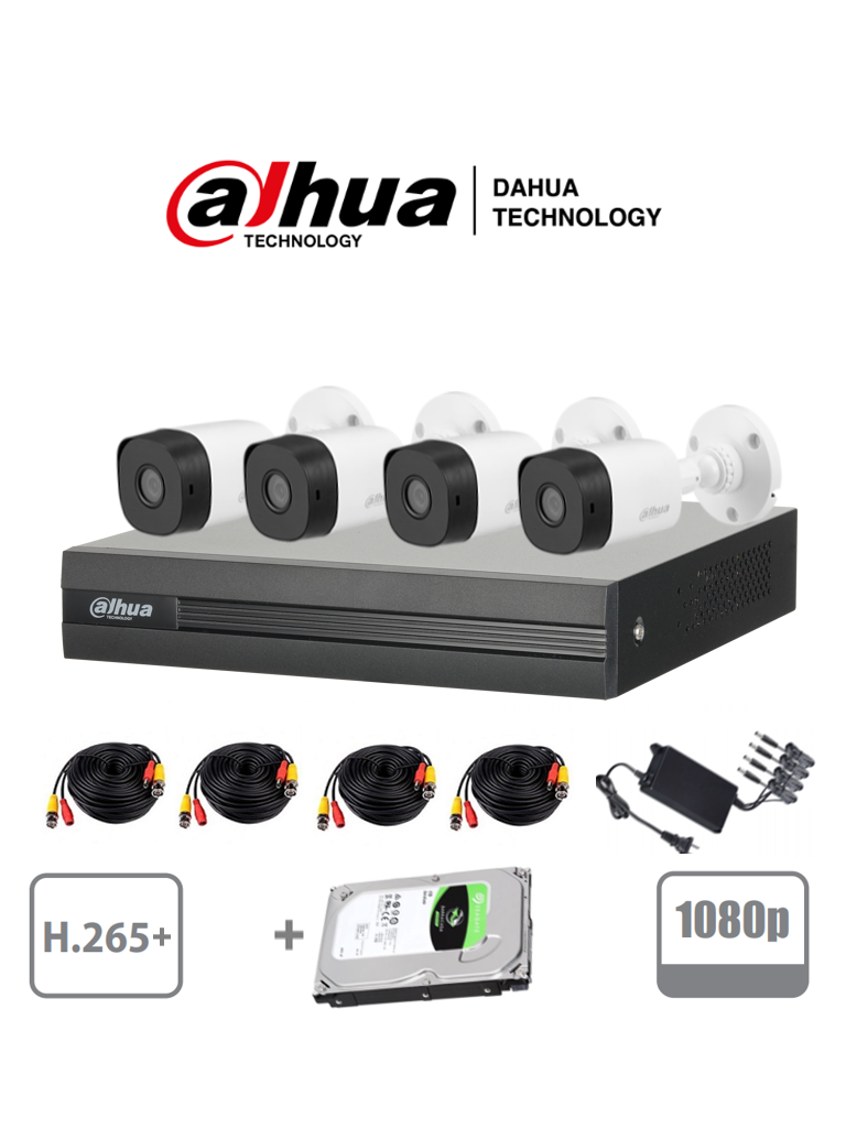 DAHUA COOPER XVR1B04KITHDD - Kit 4 canales 2 Megapixeles/ 4 Camaras B1A21 1080p/ DVR De 4 canales H.265+ 1080p Lite/ Disco duro 1TB / 1 Ch IP Adicional/ Accesorios/ #KitsDahua #UltimasPiezas