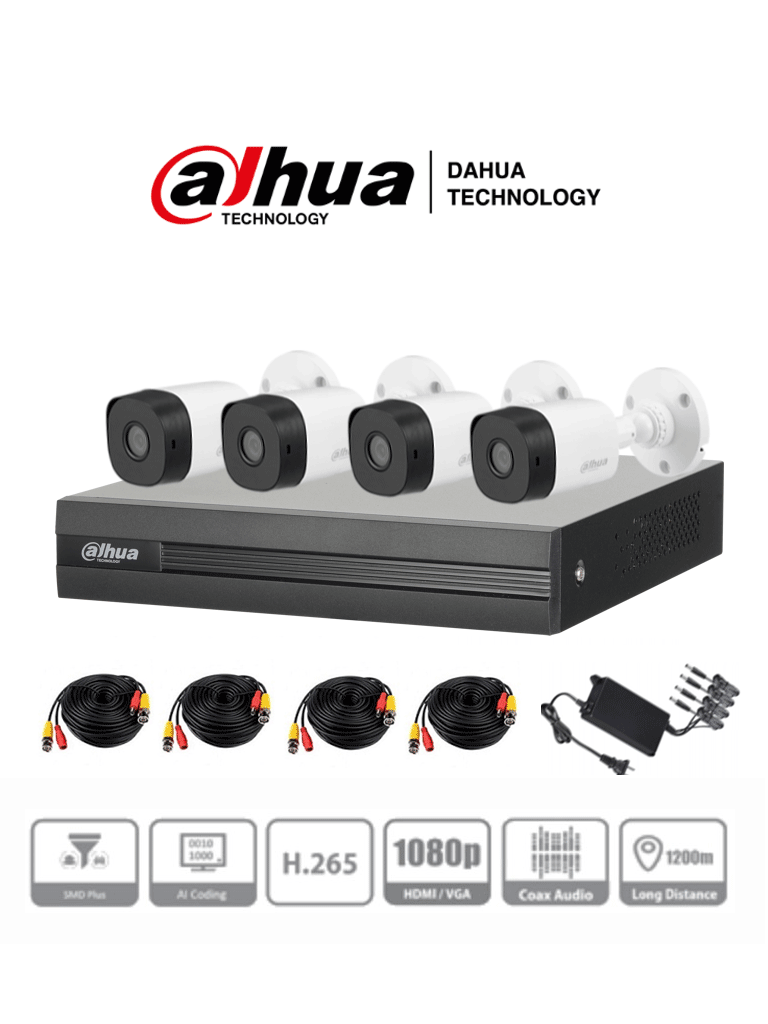 DAHUA KITXVR1B04-I+4B1A21 - Kit de 4 Canales de 2 Megapixeles/ DVR Cooper-I WizSense/ Con IA/ H.265+/ 4 Camaras B1A21 1080p/ 4 Canales + 1 IP o Hasta 5 Canales IP/ 4 Canales SMD Plus/ Busqueda de Humanos y Vehiculos/ Accesorios Incluidos/