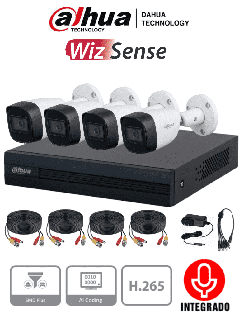 DAHUA KITXVR1B04-I+HFW1200CMA- Kit de 4 Canales de 2 Megapixeles con Audio/ DVR Cooper-I WizSense/ Con IA/ H.265+/ 4 Camaras Metalicas con Microfono Integrado/ 4 Ch+ 1 IP o Hasta 5 Ch IP/ 4 Ch SMD Plus/ Busqueda Inteligente/ Accesorios Incluidos/